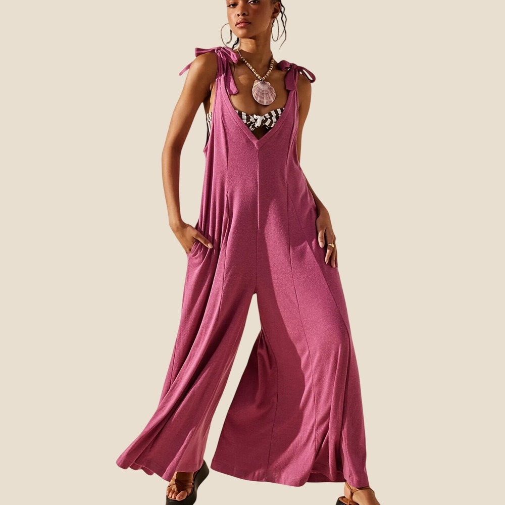 Free People FP Beach Alice Magenta Pink Wide Leg Tie Strap Jumpsuit Pockets Lg
